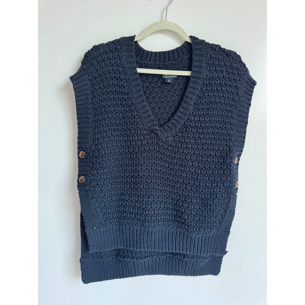 Maeve Anthropologie Navy Popcorn Knit V-Neck Sweater Vest Side Button Boho Large